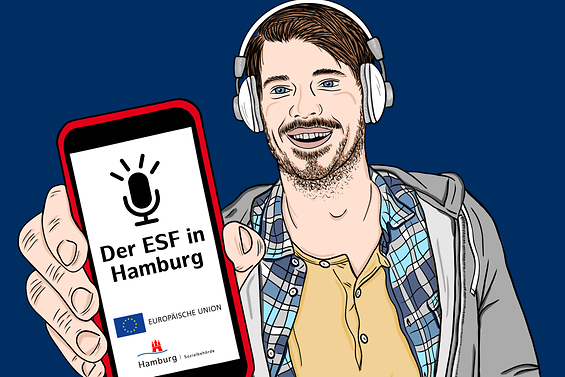 In Comistil gezeichneter, junger Mann mit Köpfhörern und Handy. Auf dem Handy läuft der ESF Podcast.