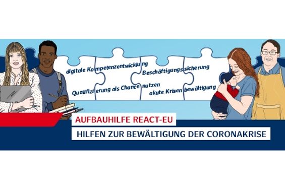 Illustrationen von unterschiedlichen Menschen vor Puzzleteilen mit Zielen der Aufbauhilfe REACT-EU.